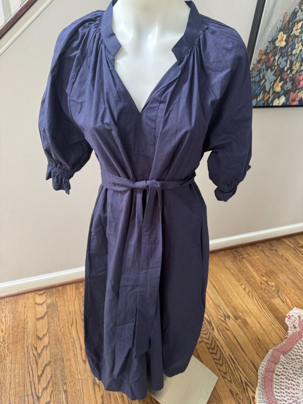 VANESSA FOX Navy Blue Belted Puff Sleeve Midi Maxi Dress Size Medium